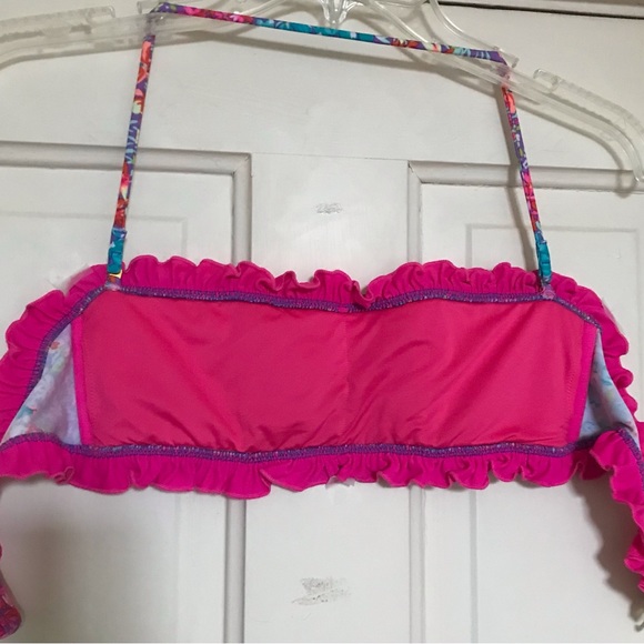 VICTORIA'S SECRET Pink Floral Ruffled Smocked bikini Top bandeau swimsuit M - Picture 10 of 13